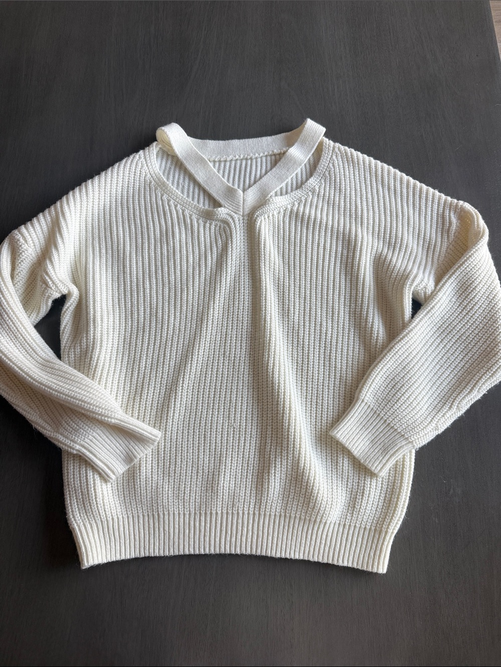 Women's Cream Ribbed V-Neck Sweater